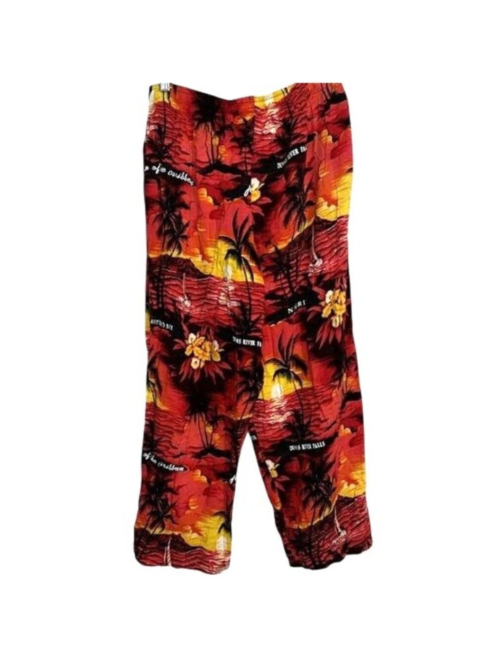 Hawaiian Sunset Print Drawstring Capri Pants Vibrant Red & Yellow Tropical Desi - Picture 3 of 6
